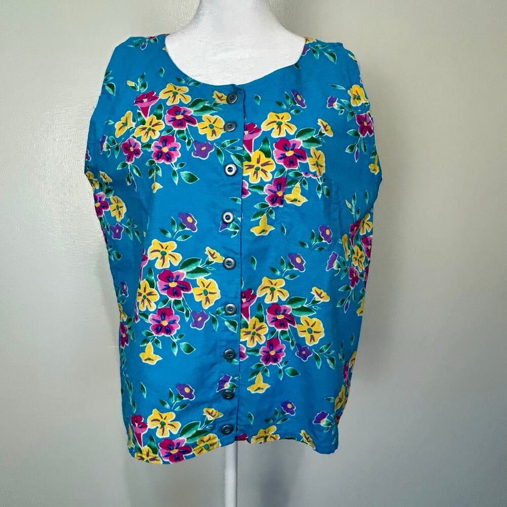 Vintage Top 80s Floral Sleeveless Blouse L Cotton Button Down Retro